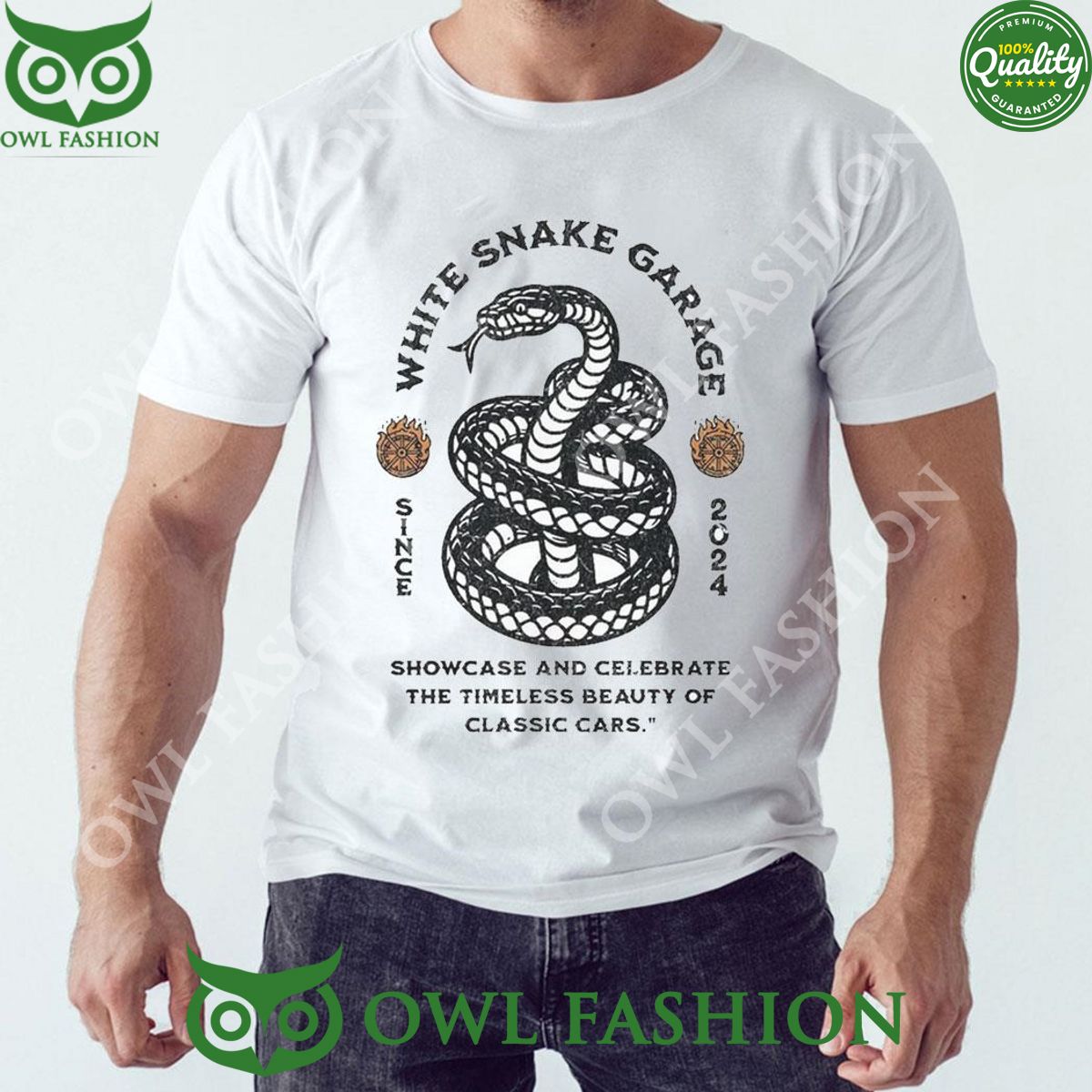 2024 White Snake Garage Since Showcase And Celebrate The Timeless Beauty Of Classic Cars T-shirt