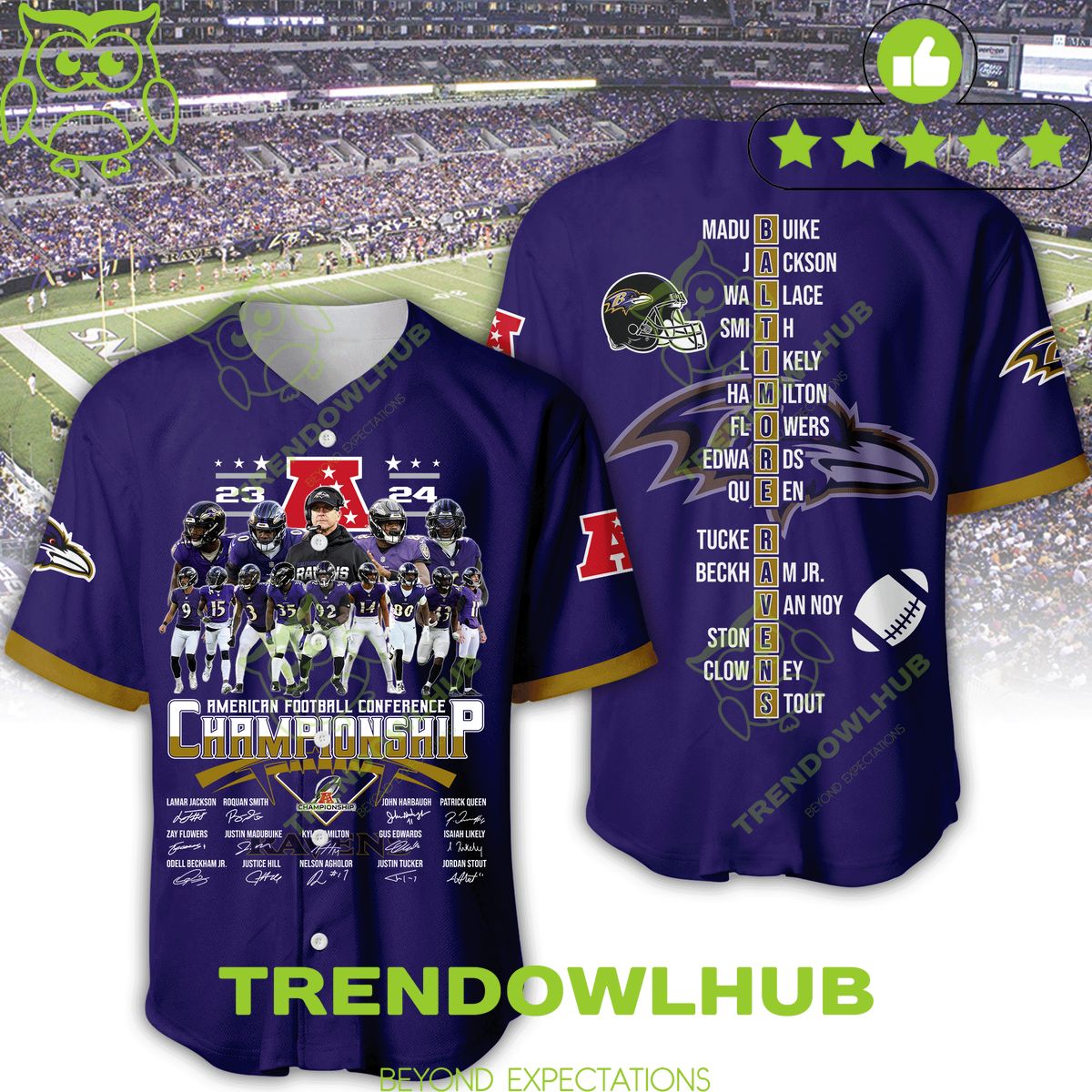 American Football Conference Baltimore Ravens Championship 2024 purple baseball jersey shirt