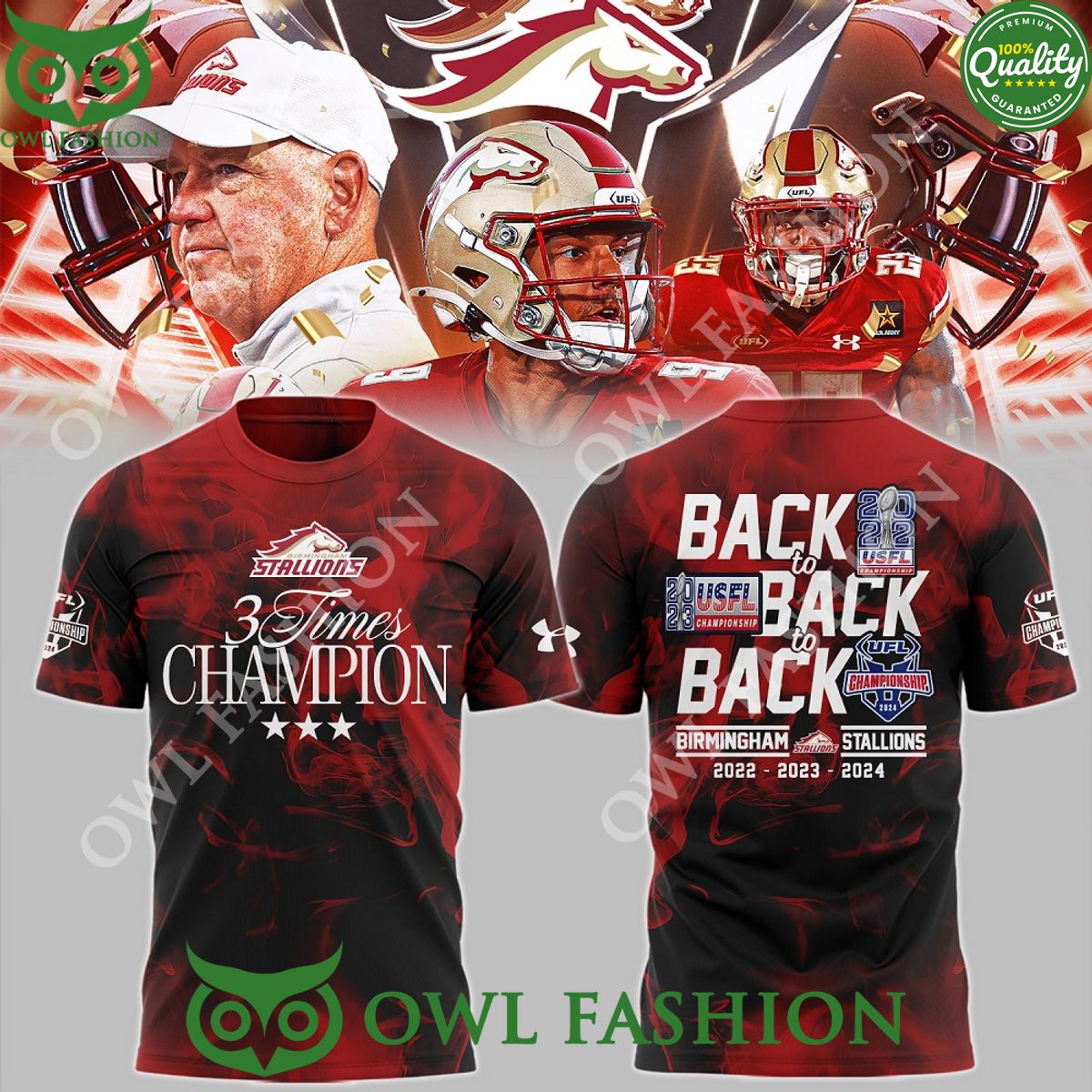 Birmingham Stallions 3 times champion back to back USFL 3d t shirt