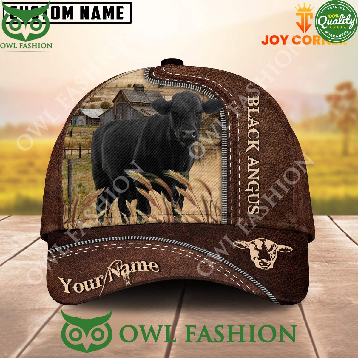 Black Angus Customized Name Leather Pattern Cap