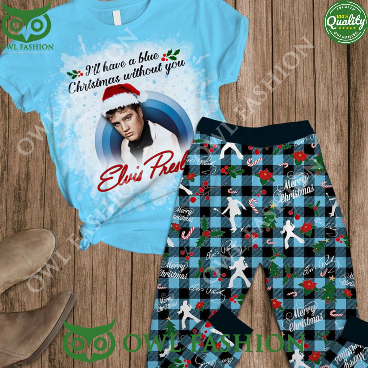 Blue Elvis Presley Christmas Pajamas set King of Rock and Roll