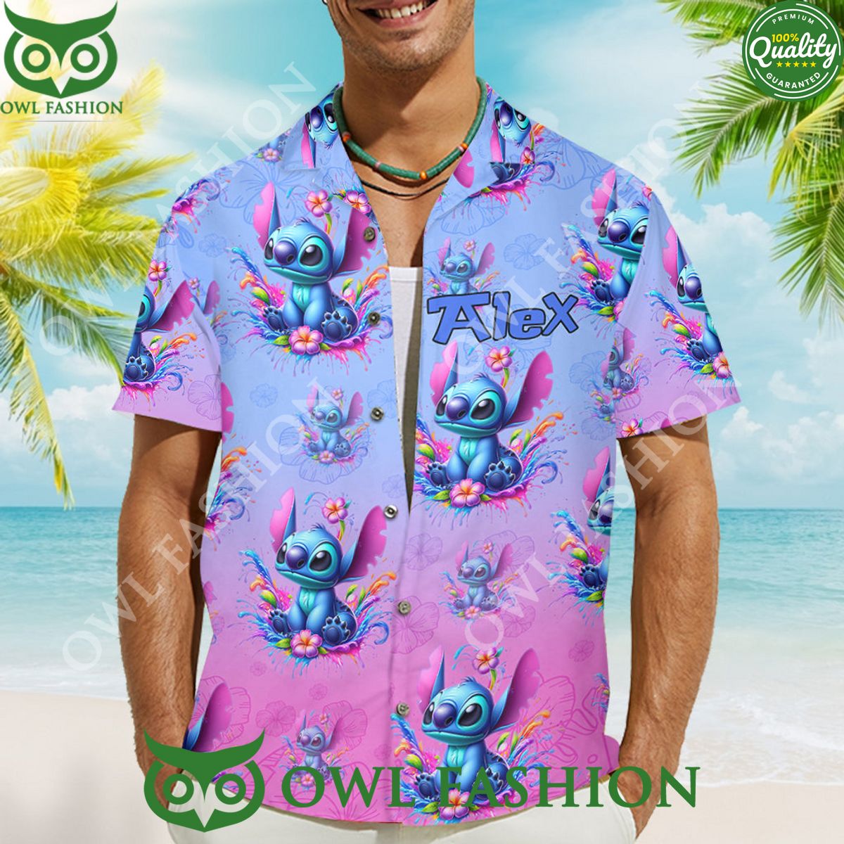 Blue Stitch say Ohana Personalized pink Hawaiian Shirt