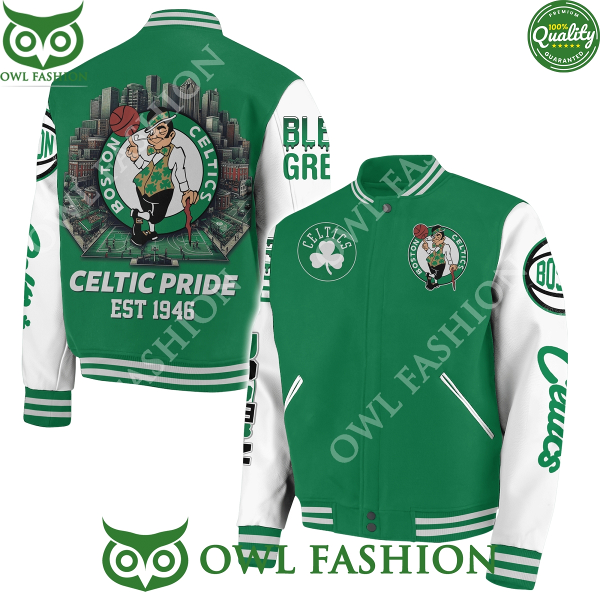 Boston Celtics Pride Est 1946 Green and White Baseball Jacket