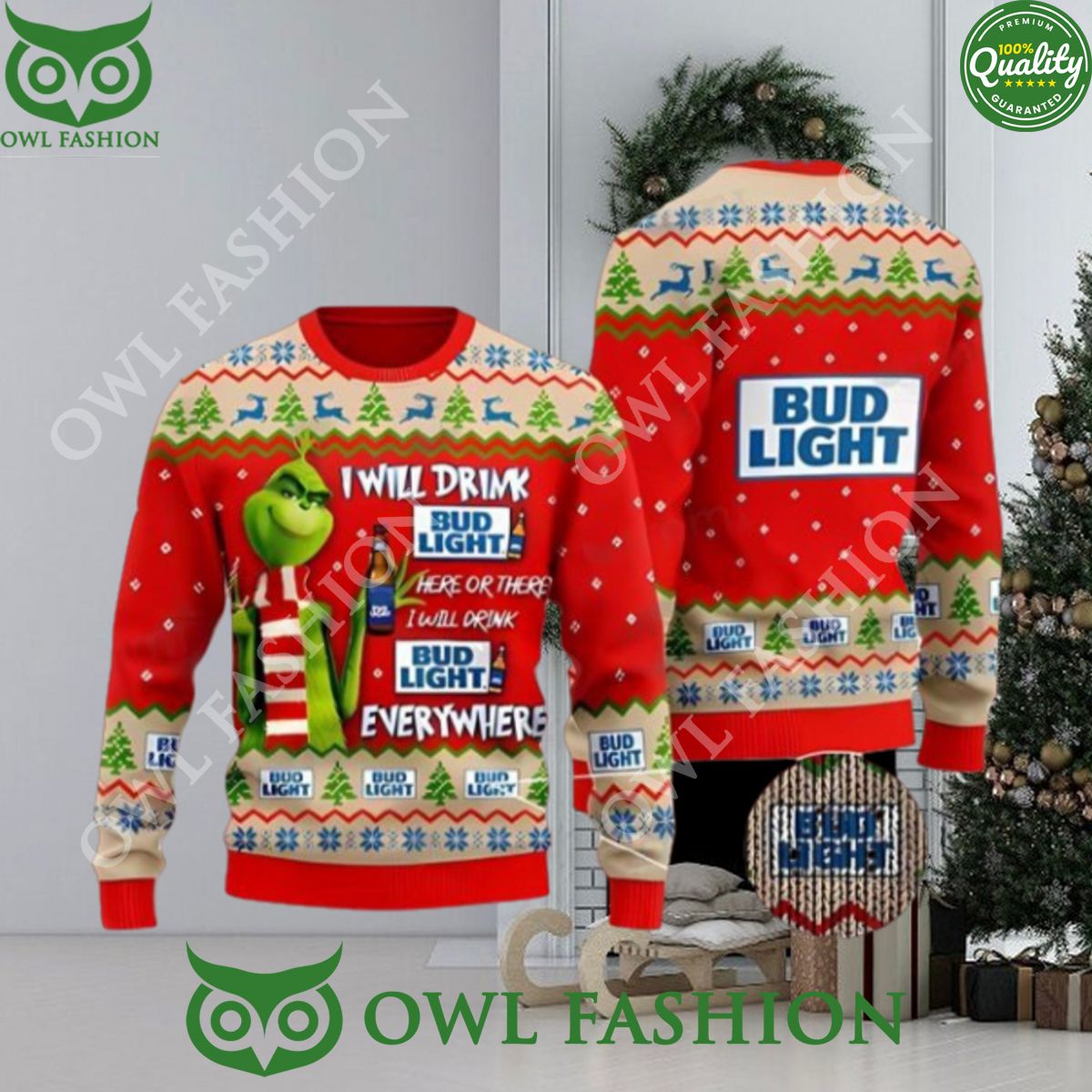 Bud Light Grinch Ugly Beer Ugly Christmas Sweater Xmas 3D Jumper