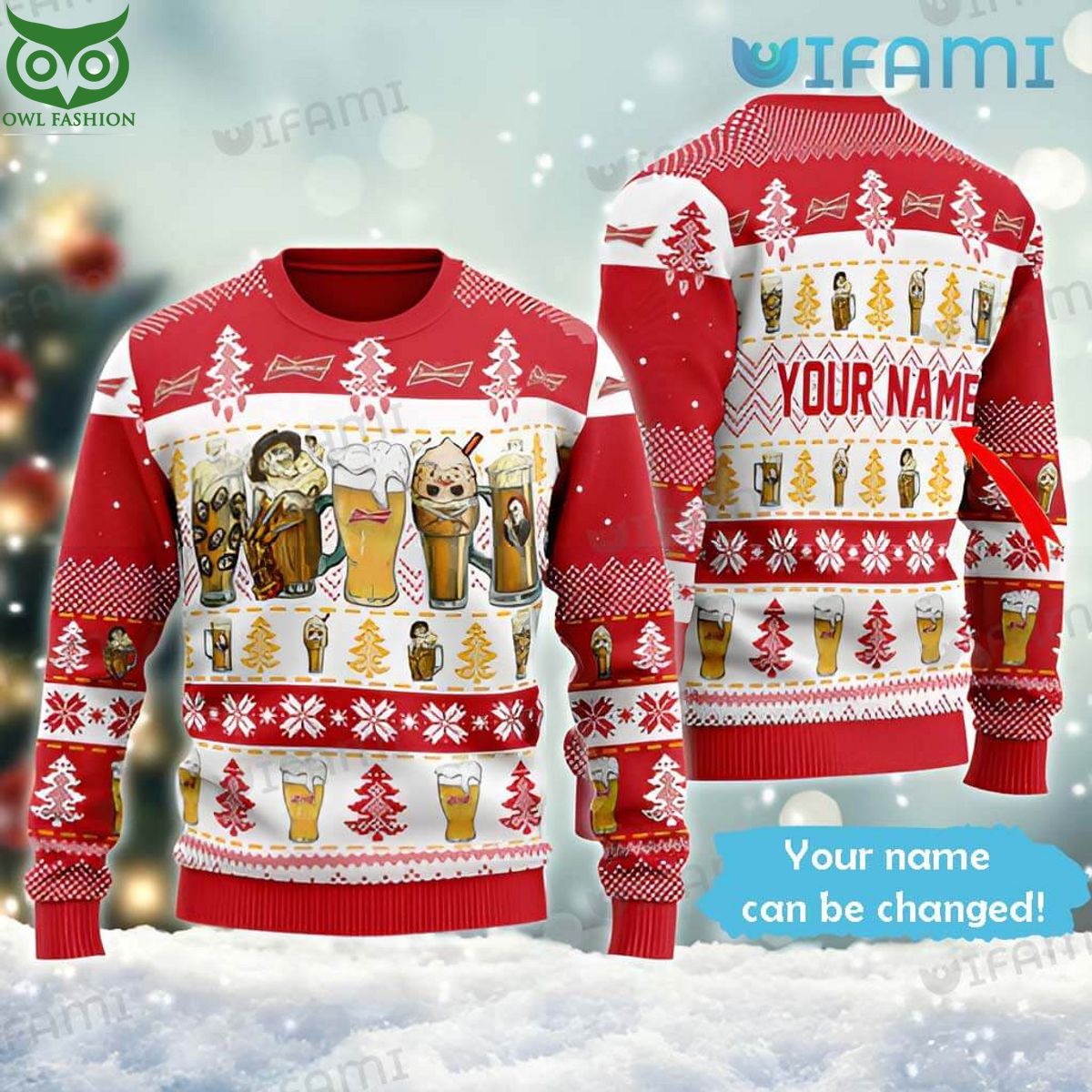 Budweiser Ugly Sweater Horror Characters Custom Name Beer Lovers Gift
