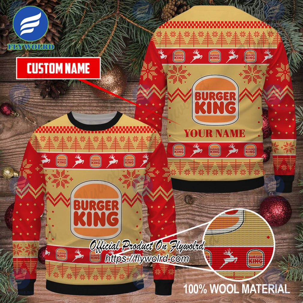 Burger King Custom Name Logo Reindeer Ugly Christmas Sweater