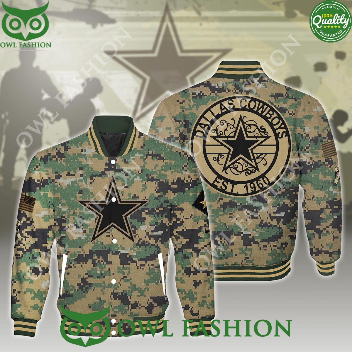 Camouflage Dallas Cowboys NFL Veterans Varsity Baseball Jacket Limited