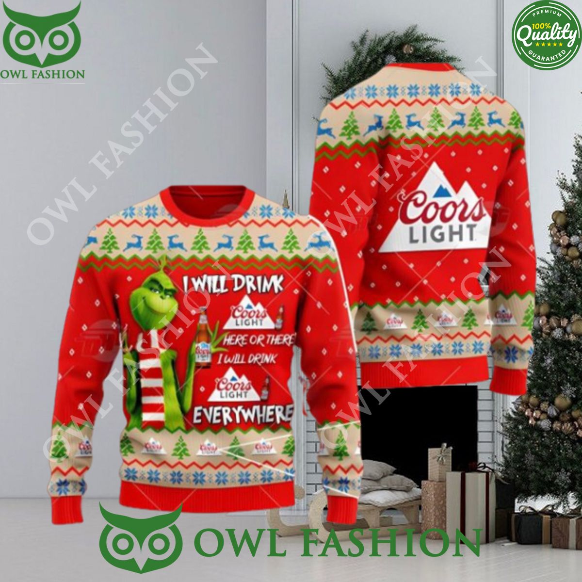 Coors Light Beer Grinch I Will Drink Here Everywhere Ugly Christmas Sweater Jumper