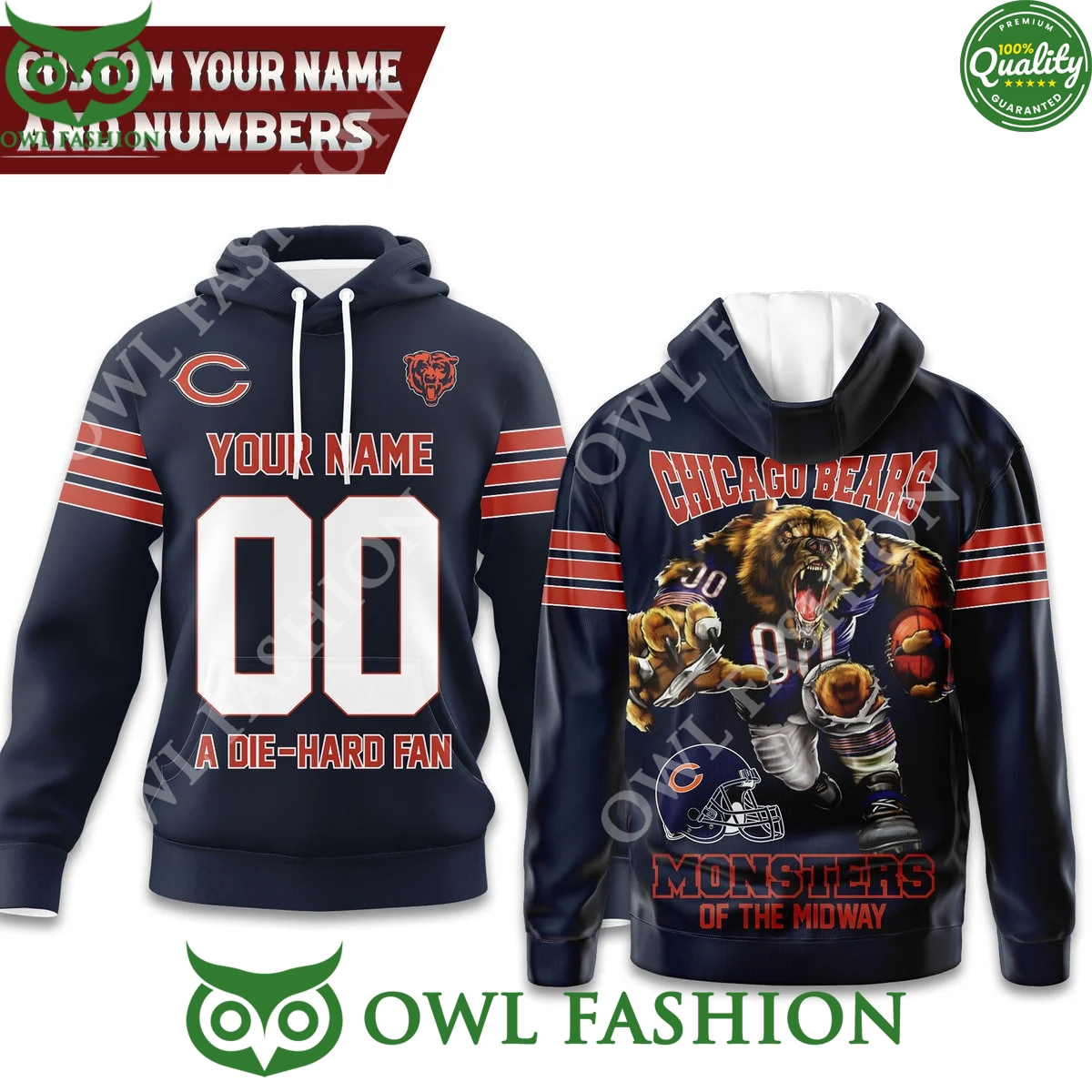 Custom Name and Number Chicago Bears A Die-hard Fan 3D Hoodie