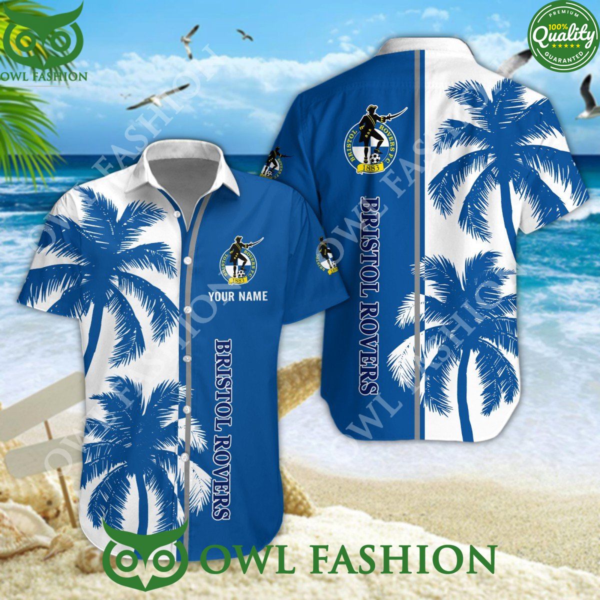 Custom Name Bristol Rovers FC summer beach blue tropical coconut tree 2024 Hawaiian Shirt