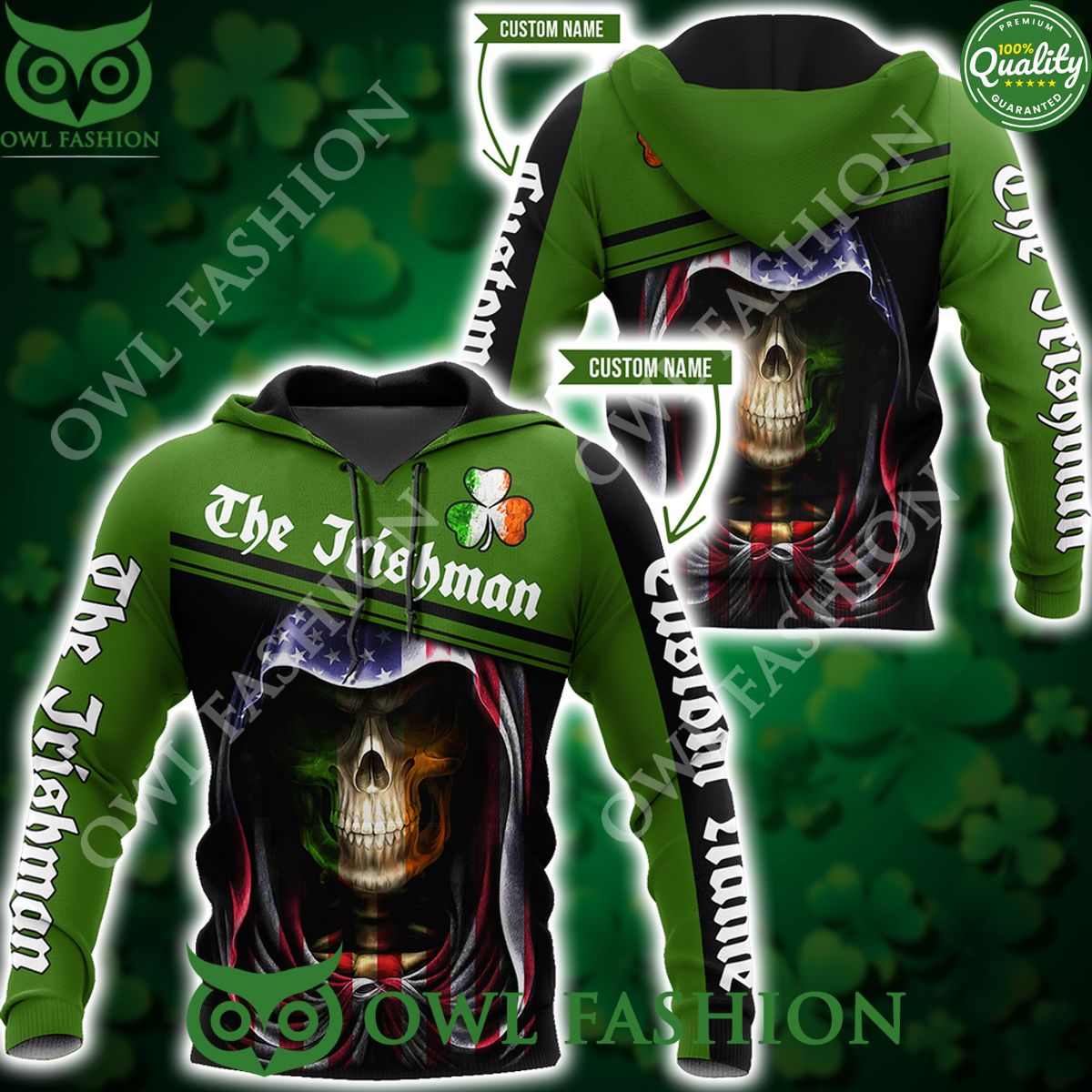Custom Name Irish Skull St Patrick Day Skull US Flag 3D Hoodie