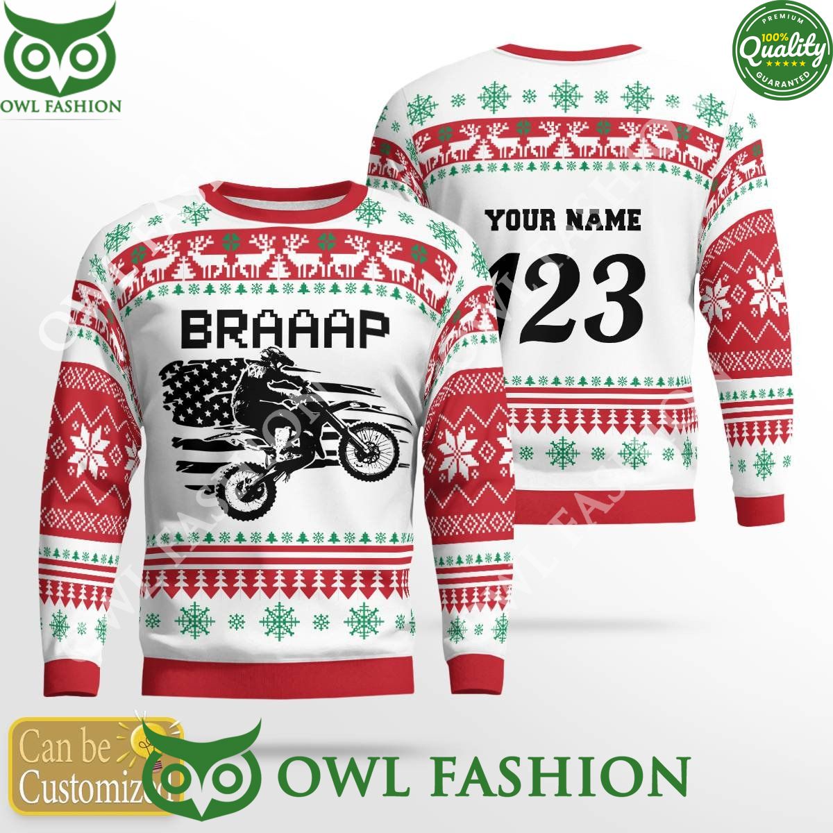 Custom Name Number Christmas Motocross rider Beige Sweater