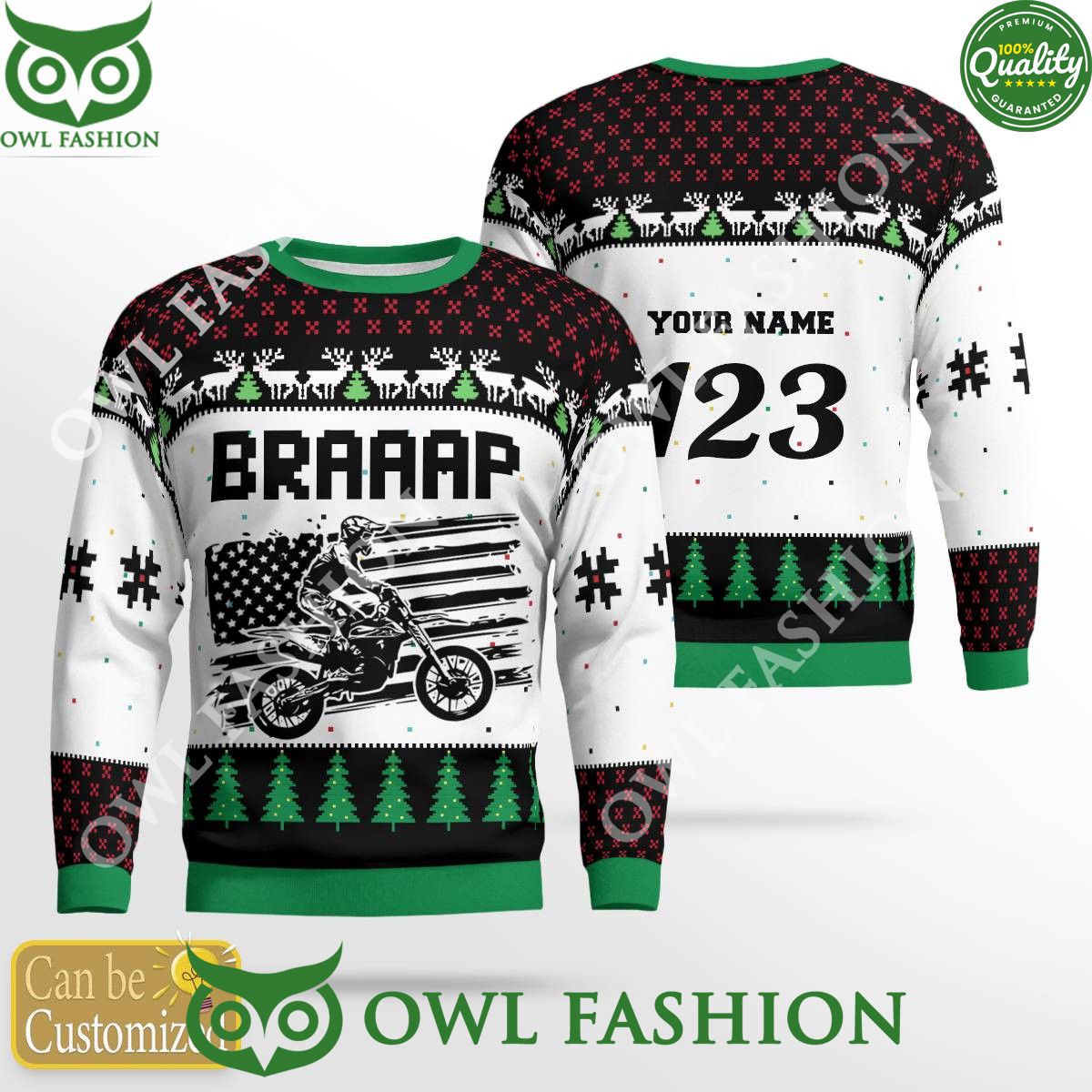 Custom Name Number Christmas Motocross rider White Green Sweater