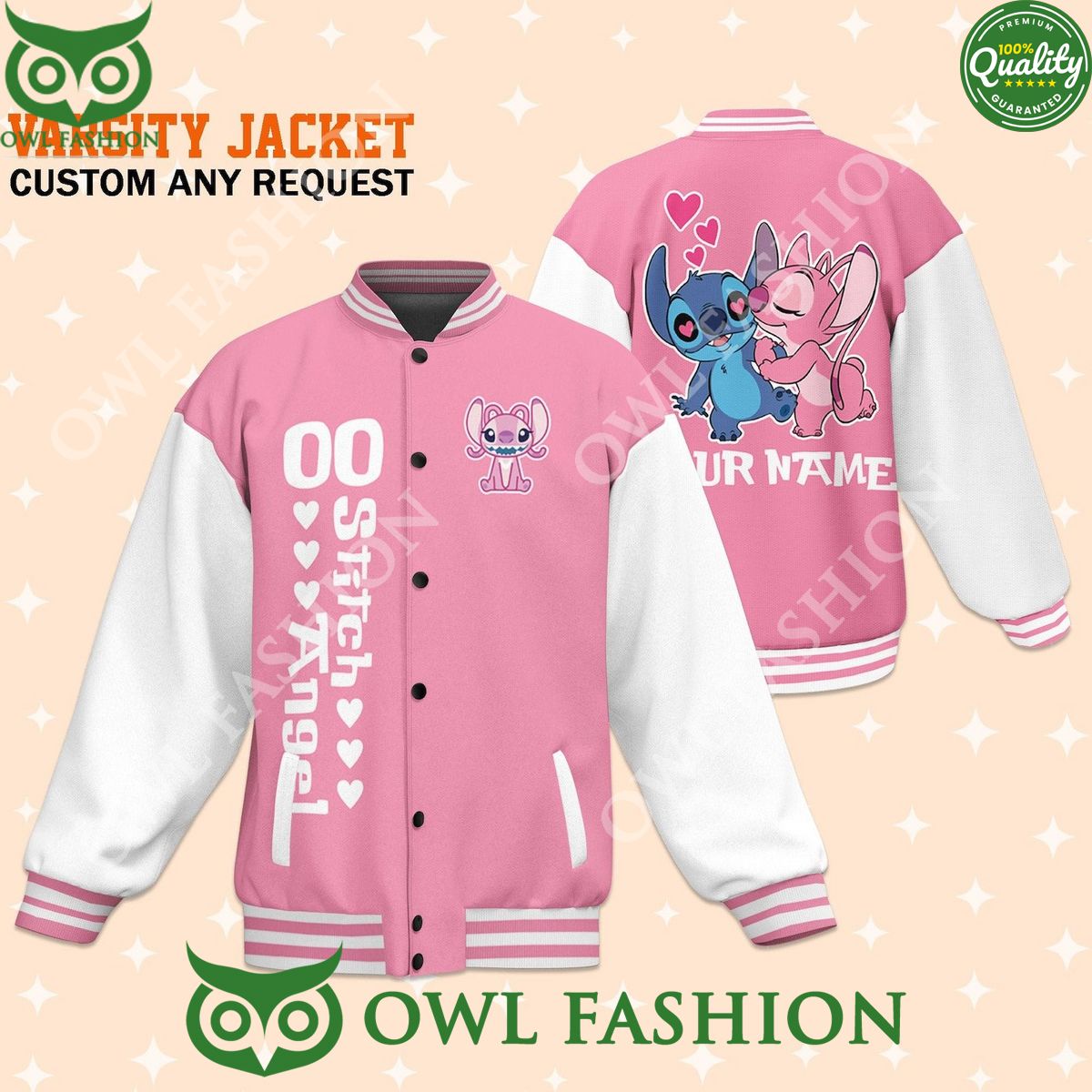 Custom Name Number Stitch Angel Pink Baseball Jacket