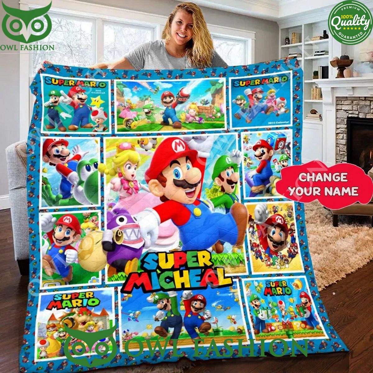 Custom Name Super Mario and Princess Quilt Blanket