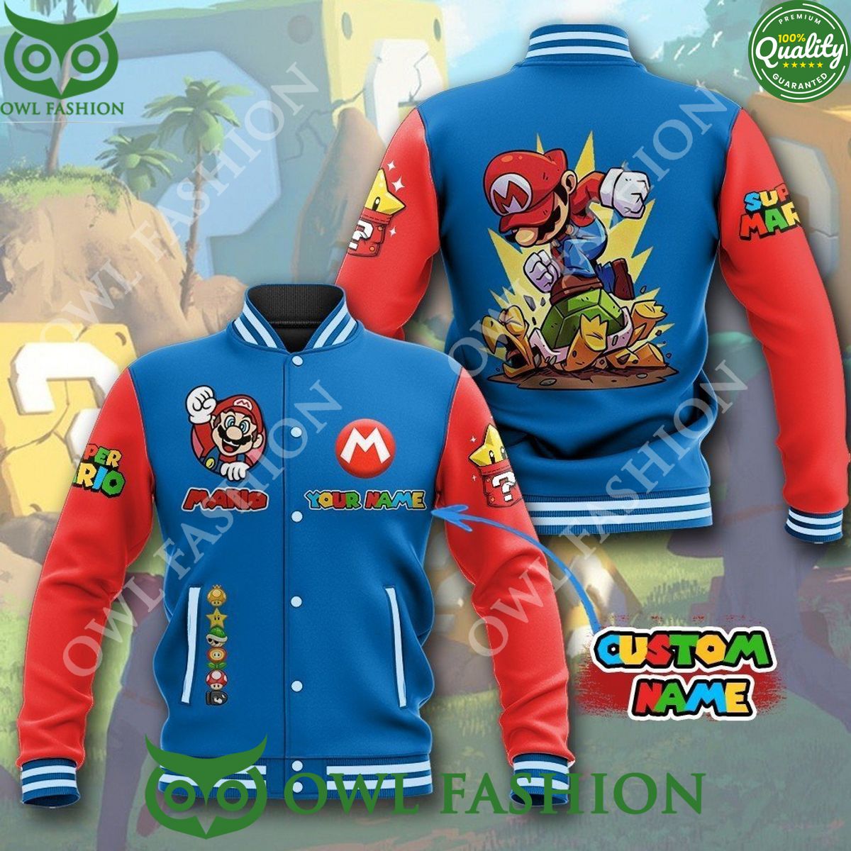 Custom Name The Super Mario Blue Baseball Jacket