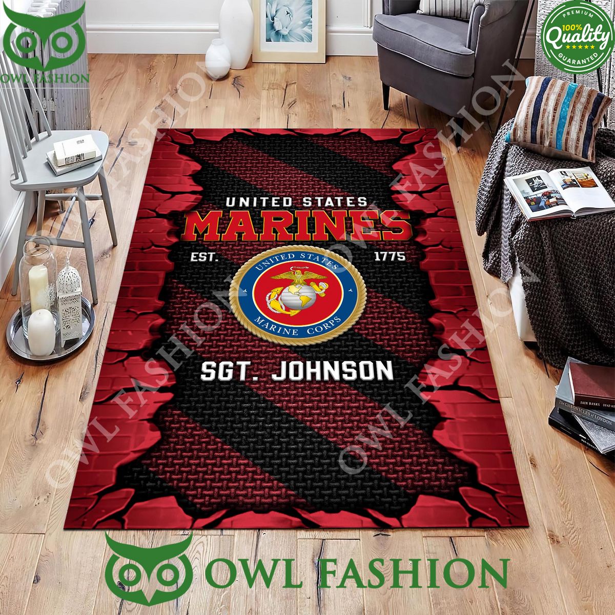 Custom Name US Marine Corps Military Veteran Rugs for Living Room