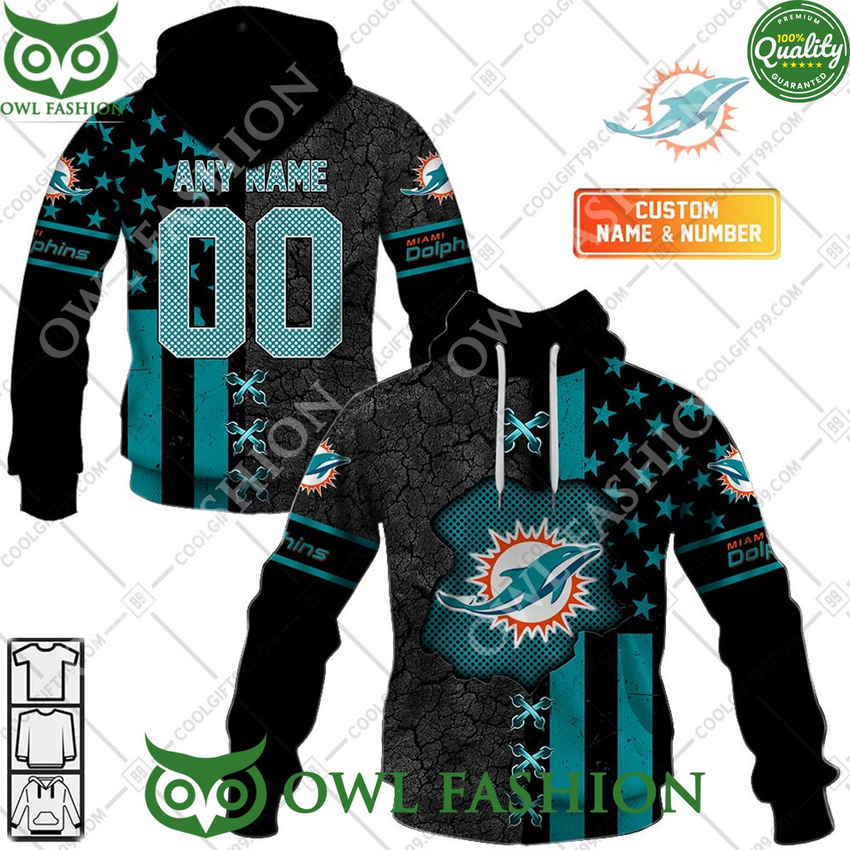 Custom Number Name NFL Miami Dolphins USA Flag Broken Mix Hoodie shirt