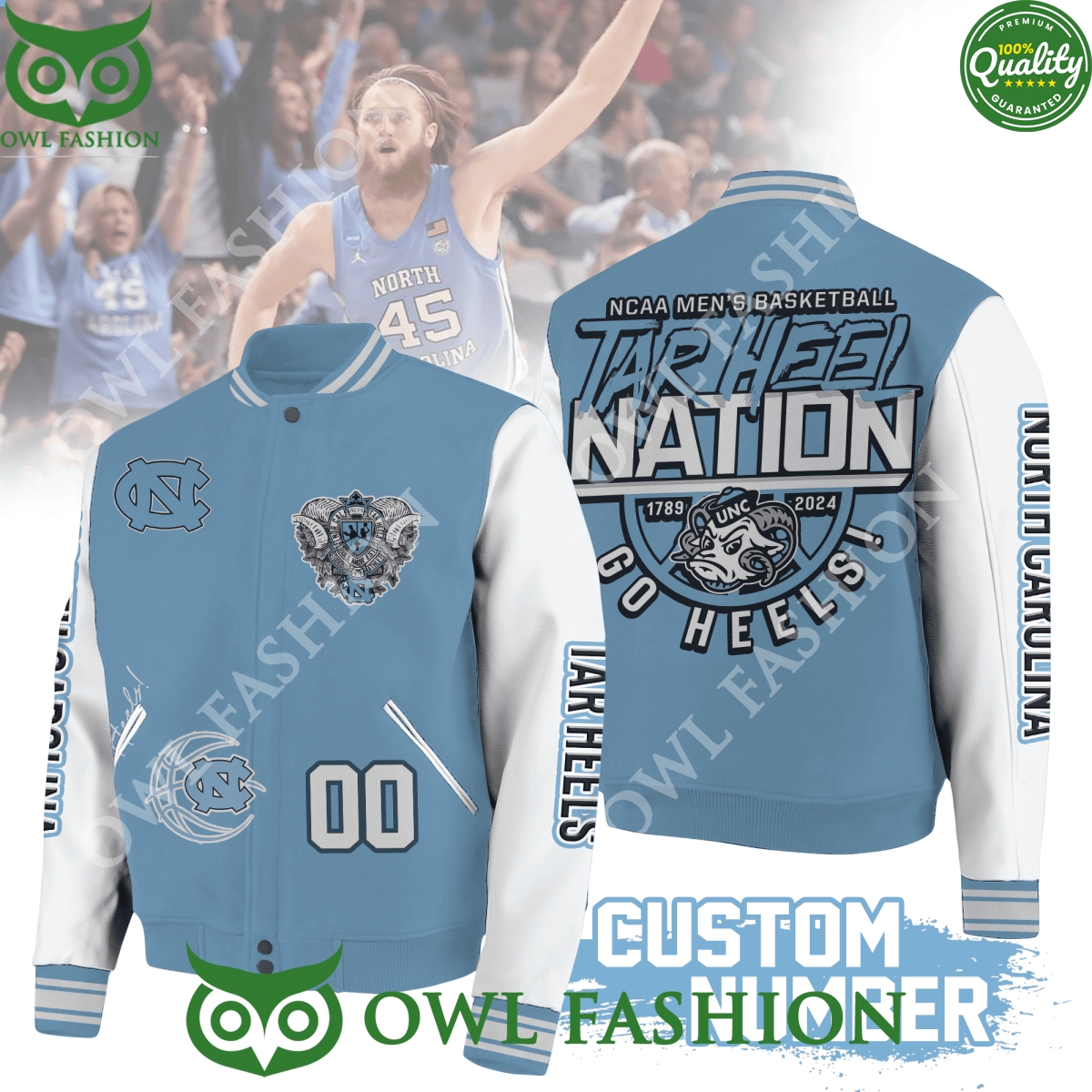 Custom Number NCAA Men's Basketball Tar Heel Nation Go Heels Baseball Jacket