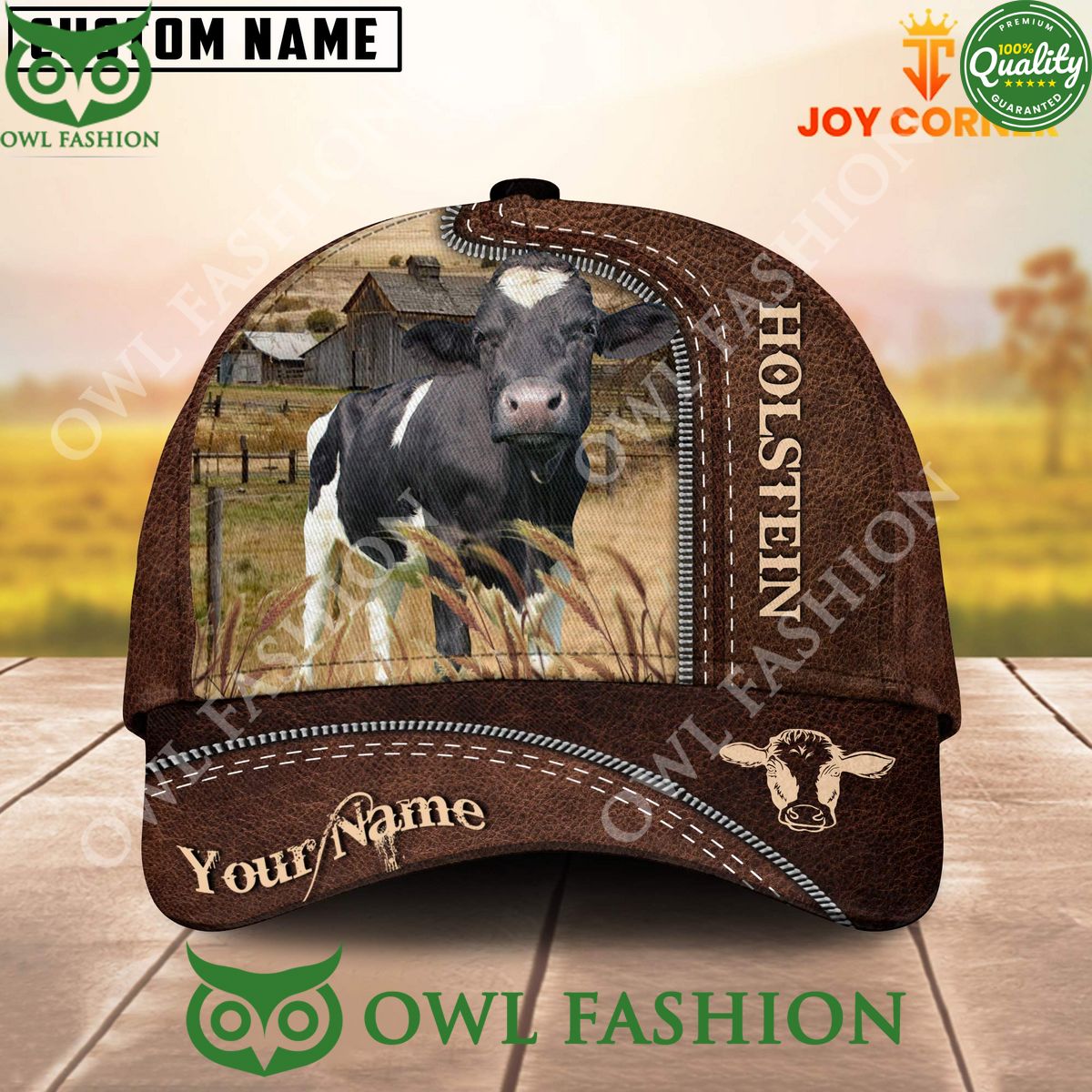 Customized Name Holstein Leather Cow Pattern Cap