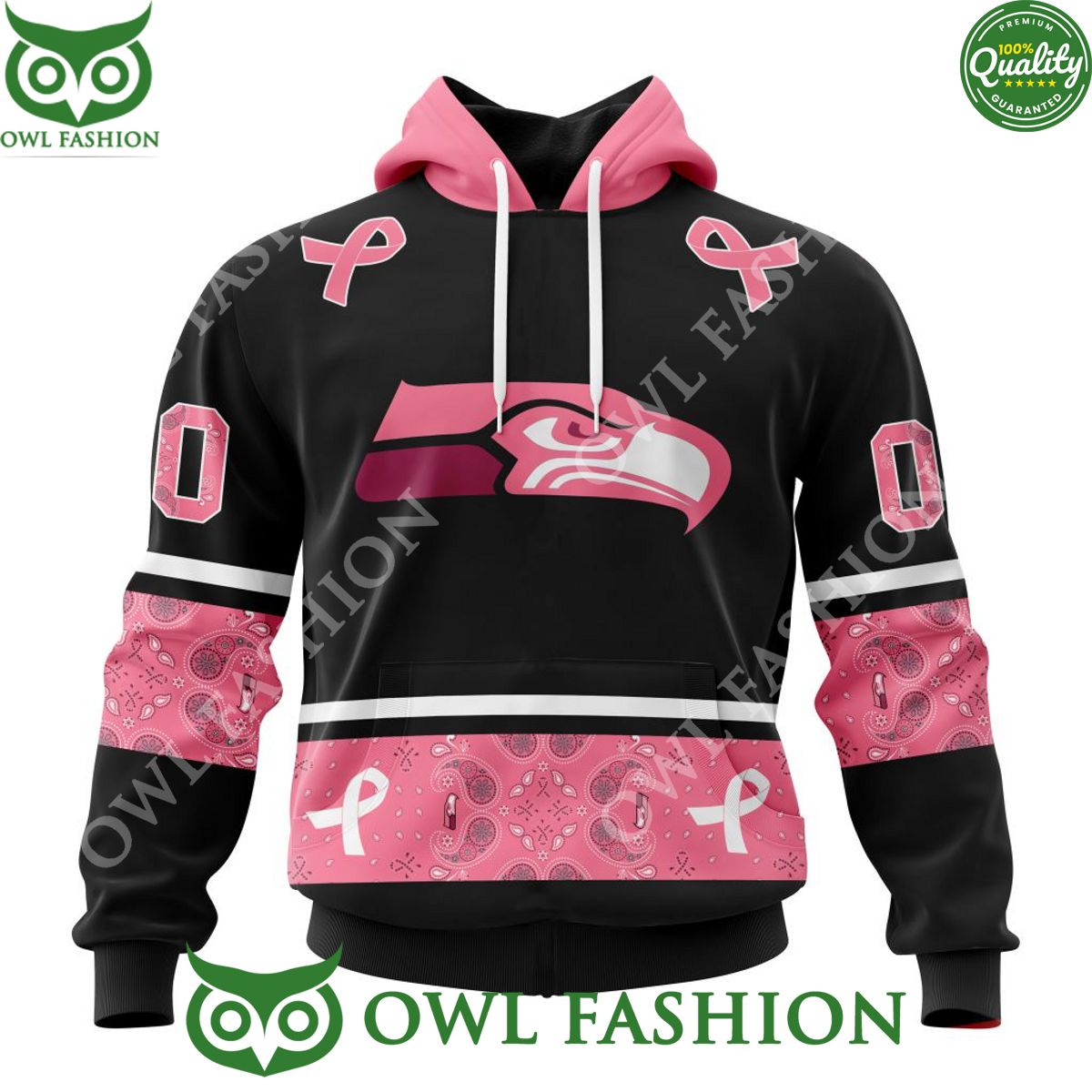 Customized NFL Seattle Seahawks PINK BREAST CANCER Paisley Pattern AOP Hoodie