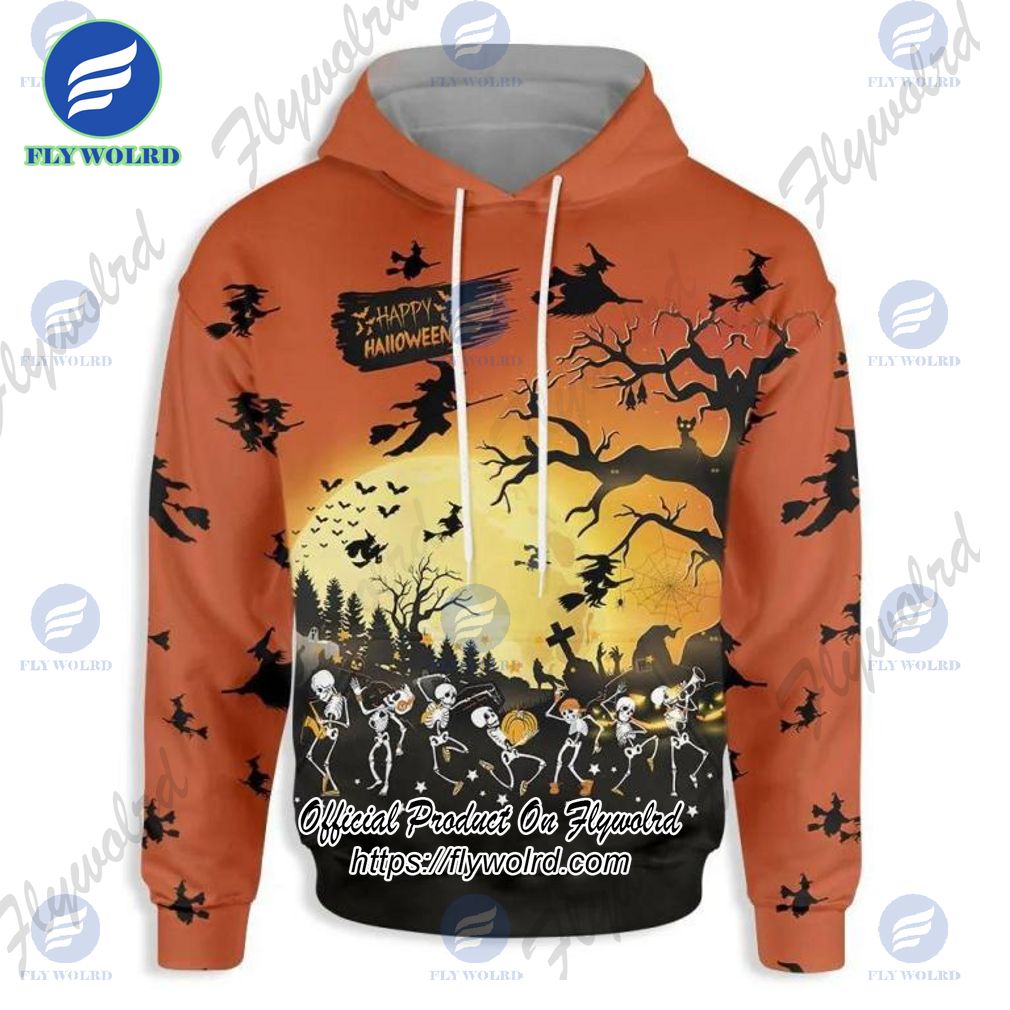 Dancing Skeletons Halloween For Men Women Flying Witch Spooky All Over Print Hoodie