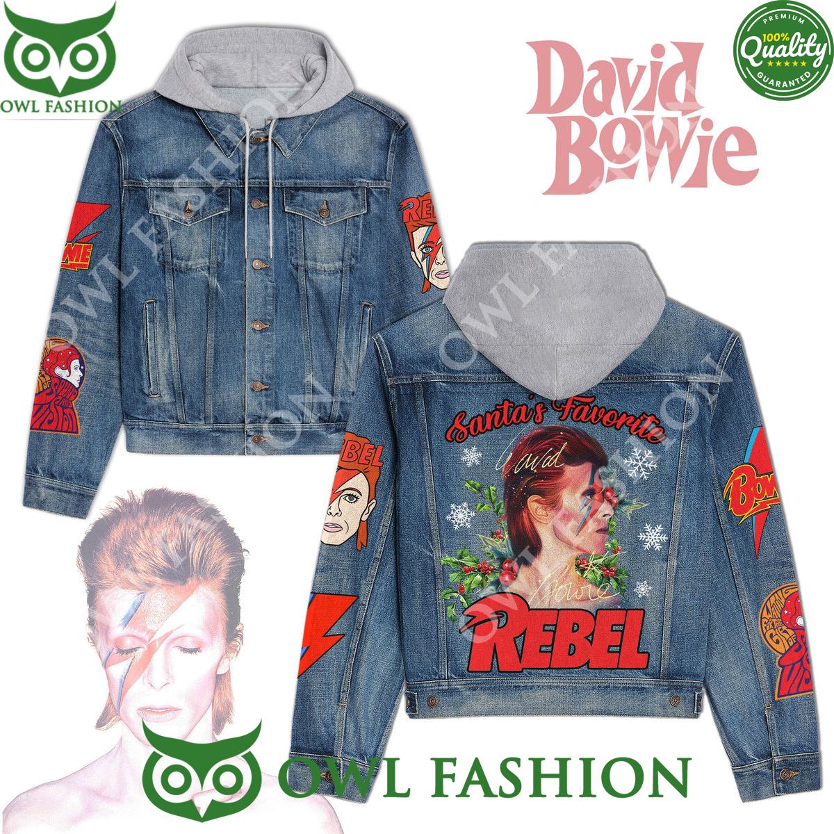 David Bowie Rebel Santa Favorite Jean Denim Hood Jacket