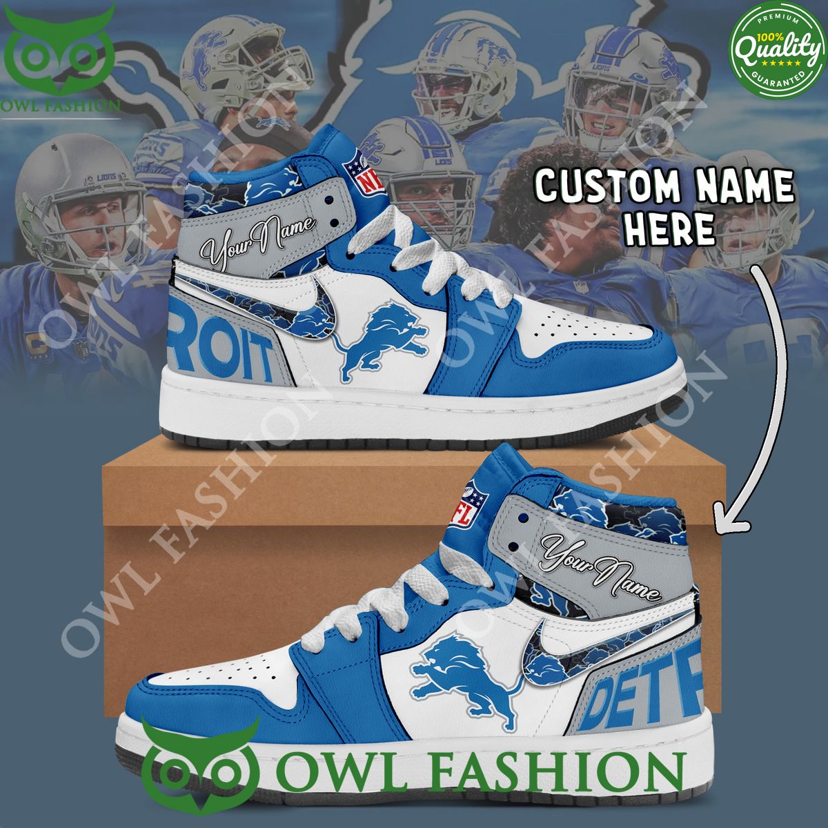 Detroit Lions Fashion Trending NFL AJ1 Air Jordan Sneakers Custom Name