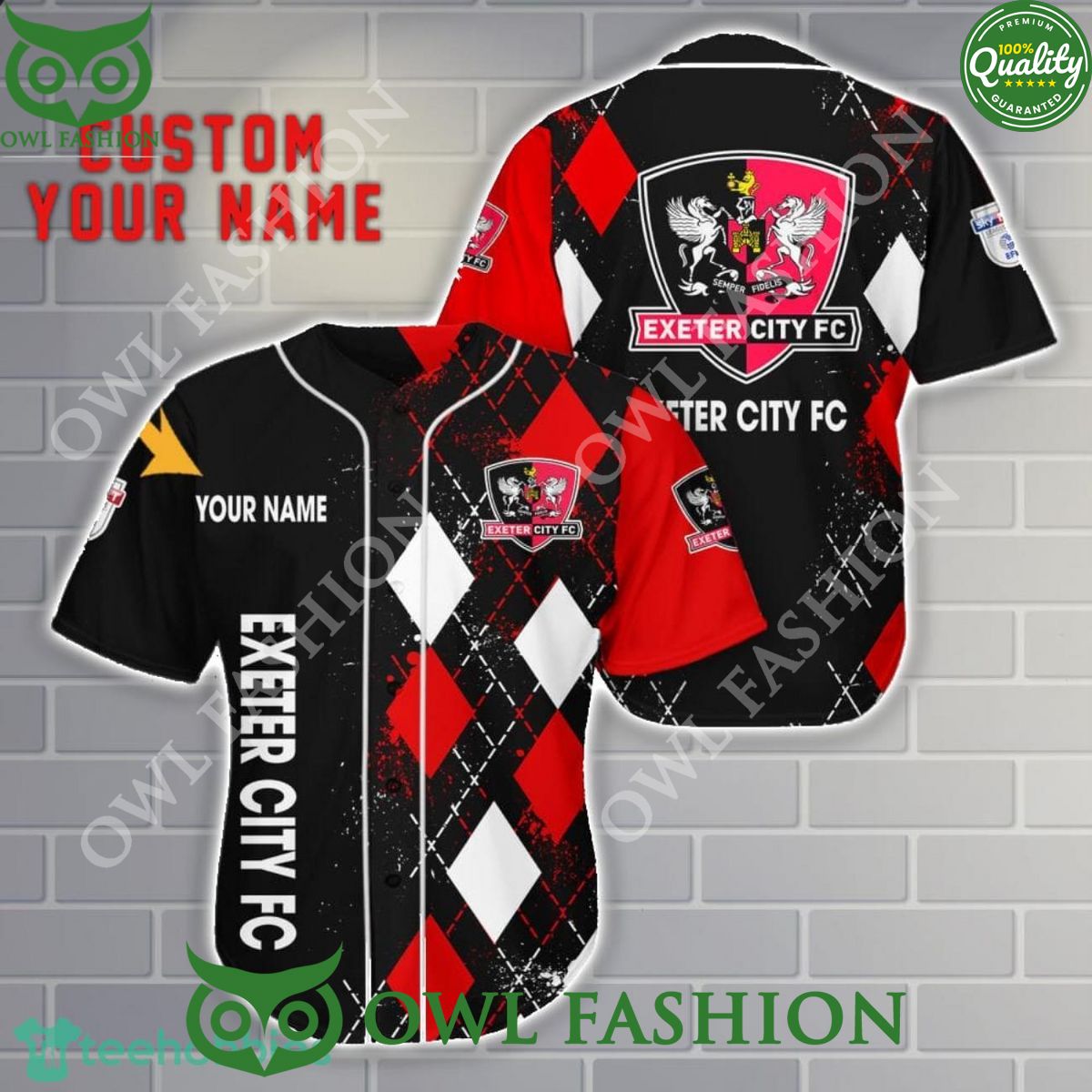 Exeter City FC Black Red Custom Name 3D Baseball Jersey Shirt