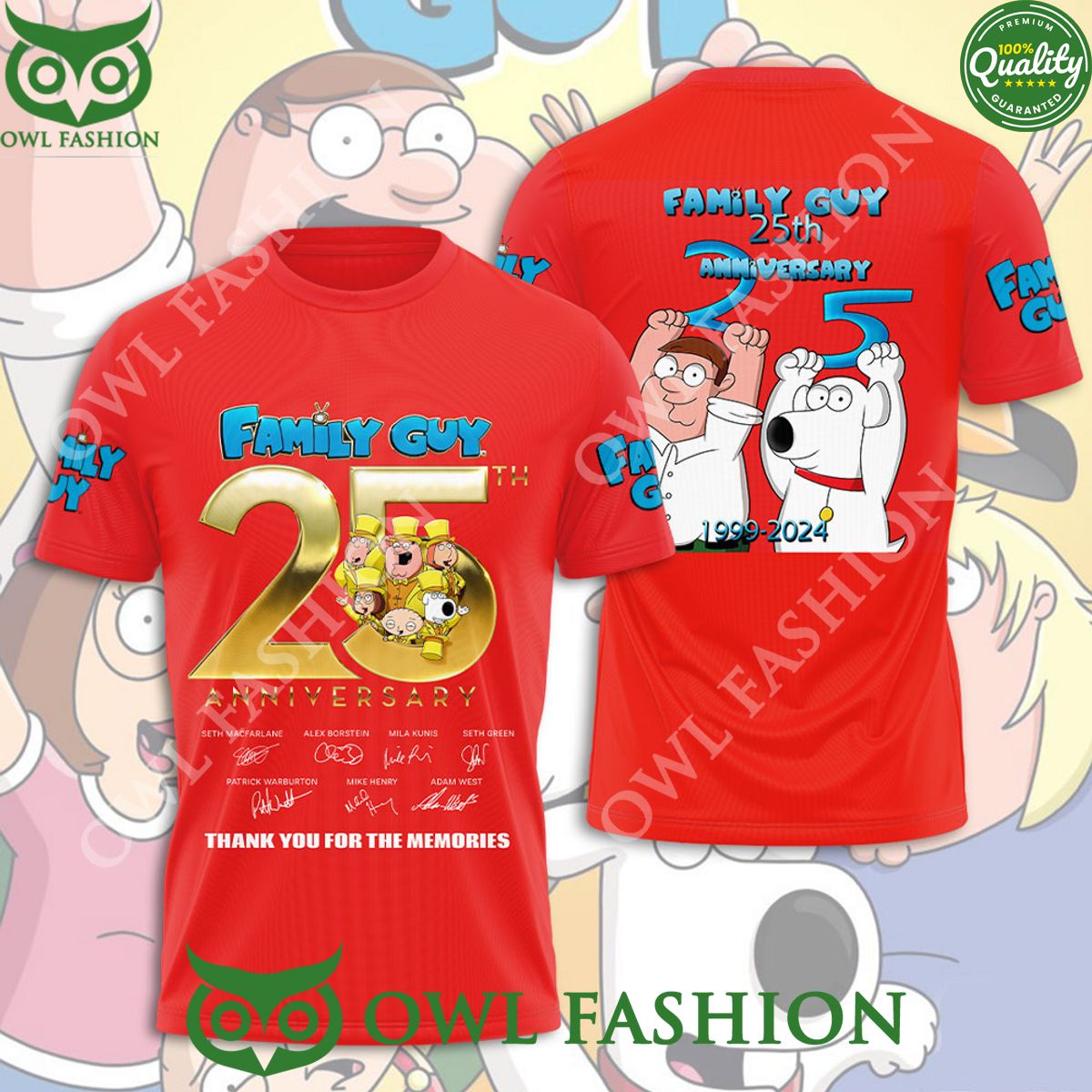 Family Guy 25th Anniversary 1999 2024 Red 3D T shirt