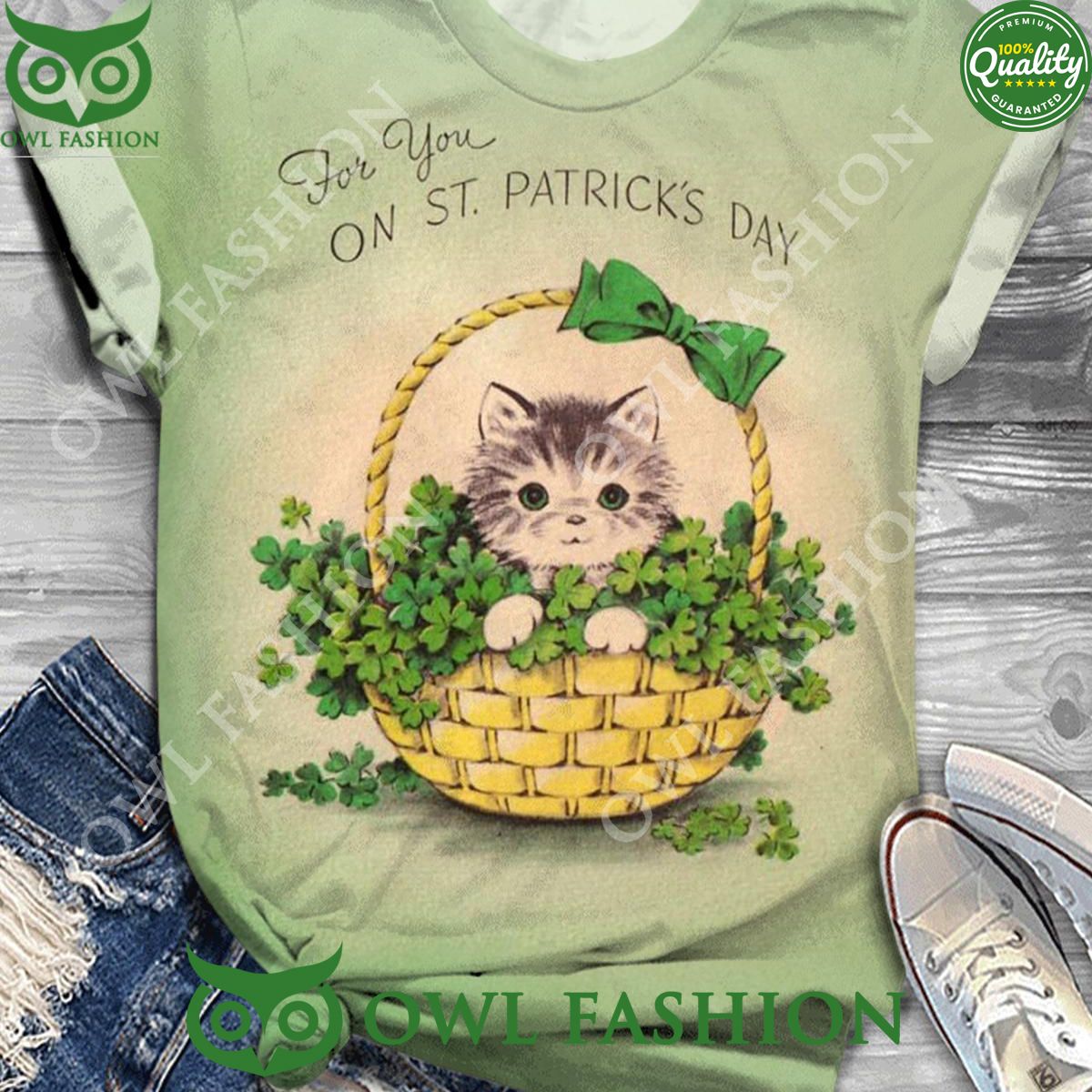 For You On St. Patrick's Day Vintage Crew Neck Cute Cat Tshirt