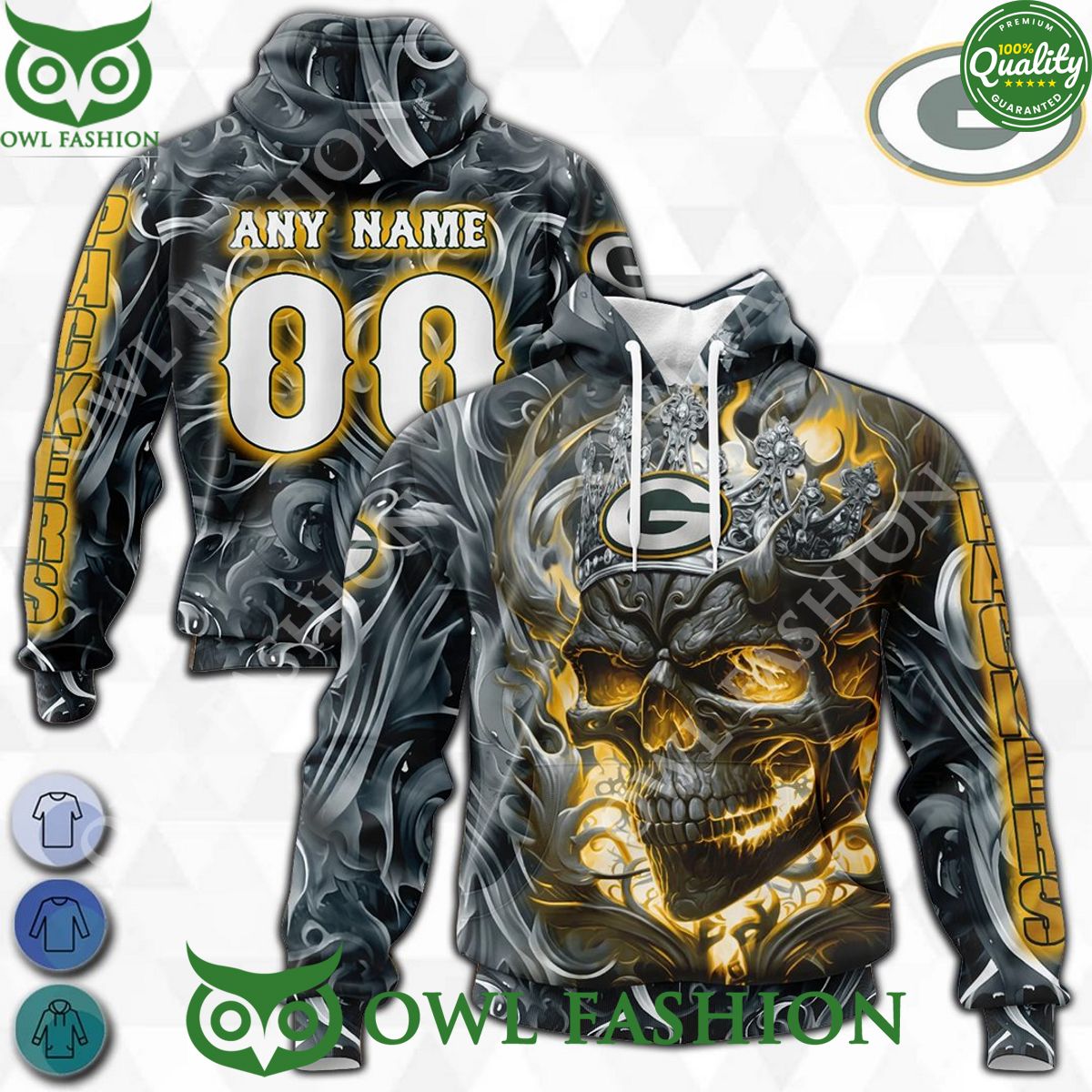 Green Bay Packers NFL Yellow Custom Name Number SKull with Crown Hoodies