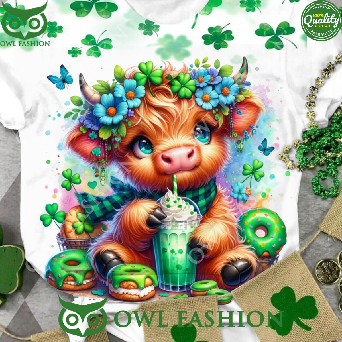 Green Floral Baby Highland Cow T shirt St Patricks Day For fan