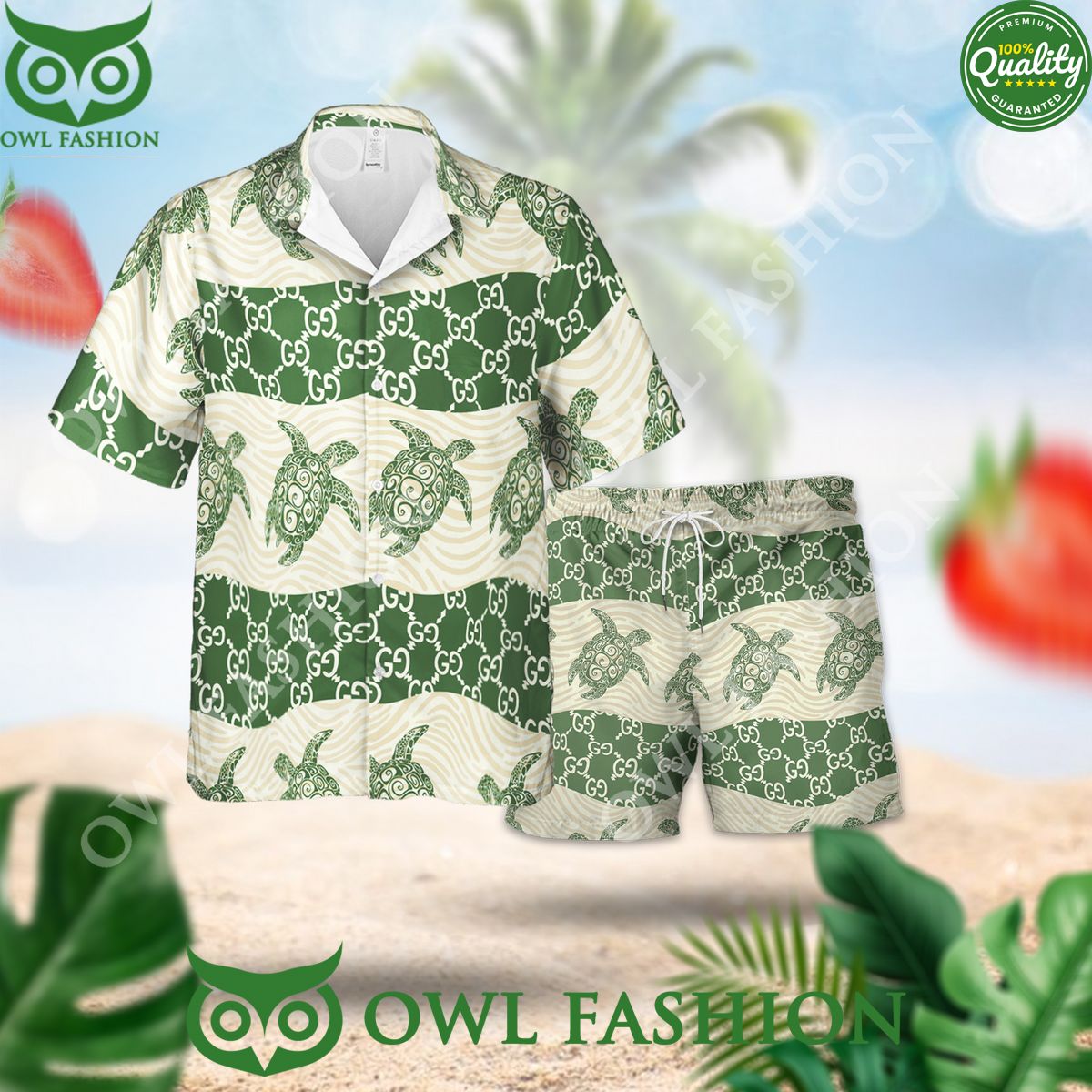 Gucci Green Turtle Luxury Summer 2024 hawaiian shirt and short track
