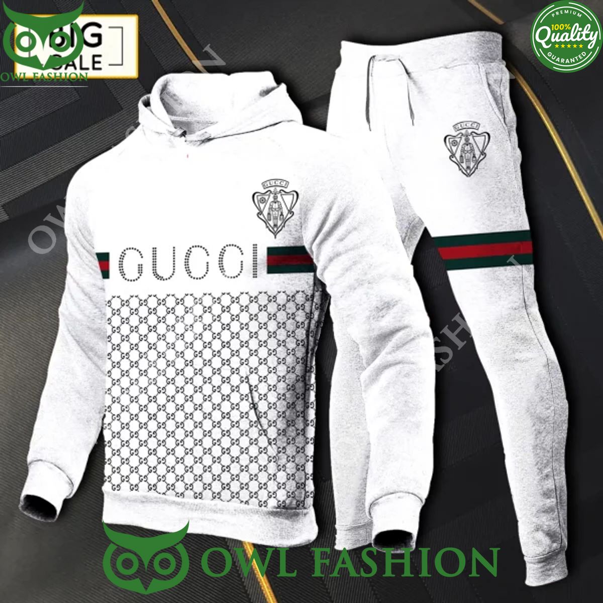 Gucci Premium White Logo Pattern Hoodie and pant