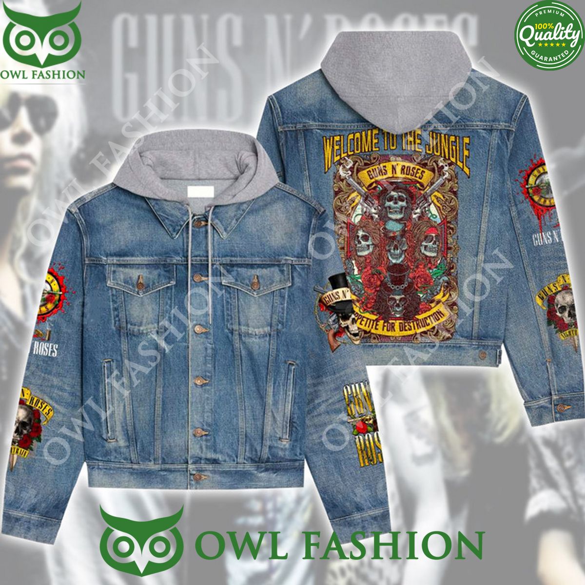 Guns n Roses Welcome to the Jungle Destruction 2D Jean Denim hooded Jacket