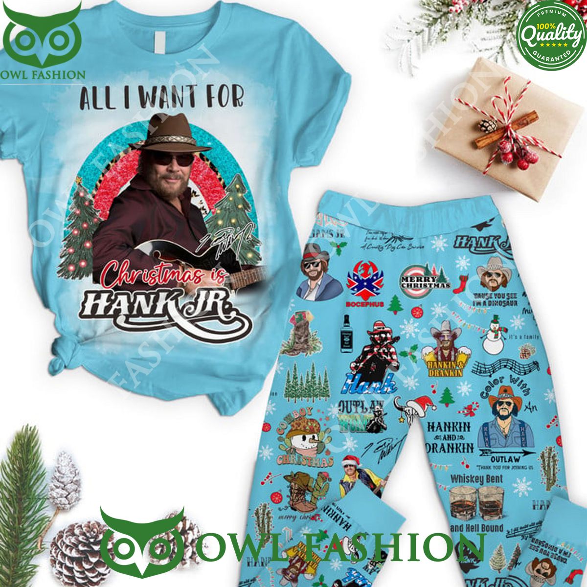 Hank Williams Jr. Christmas Pajamas Set All I want for