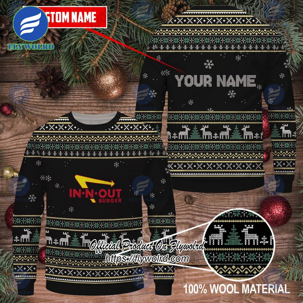 In-N-Out Custom Name Logo Reindeer Pine Trees Black Design Ugly Christmas Sweater