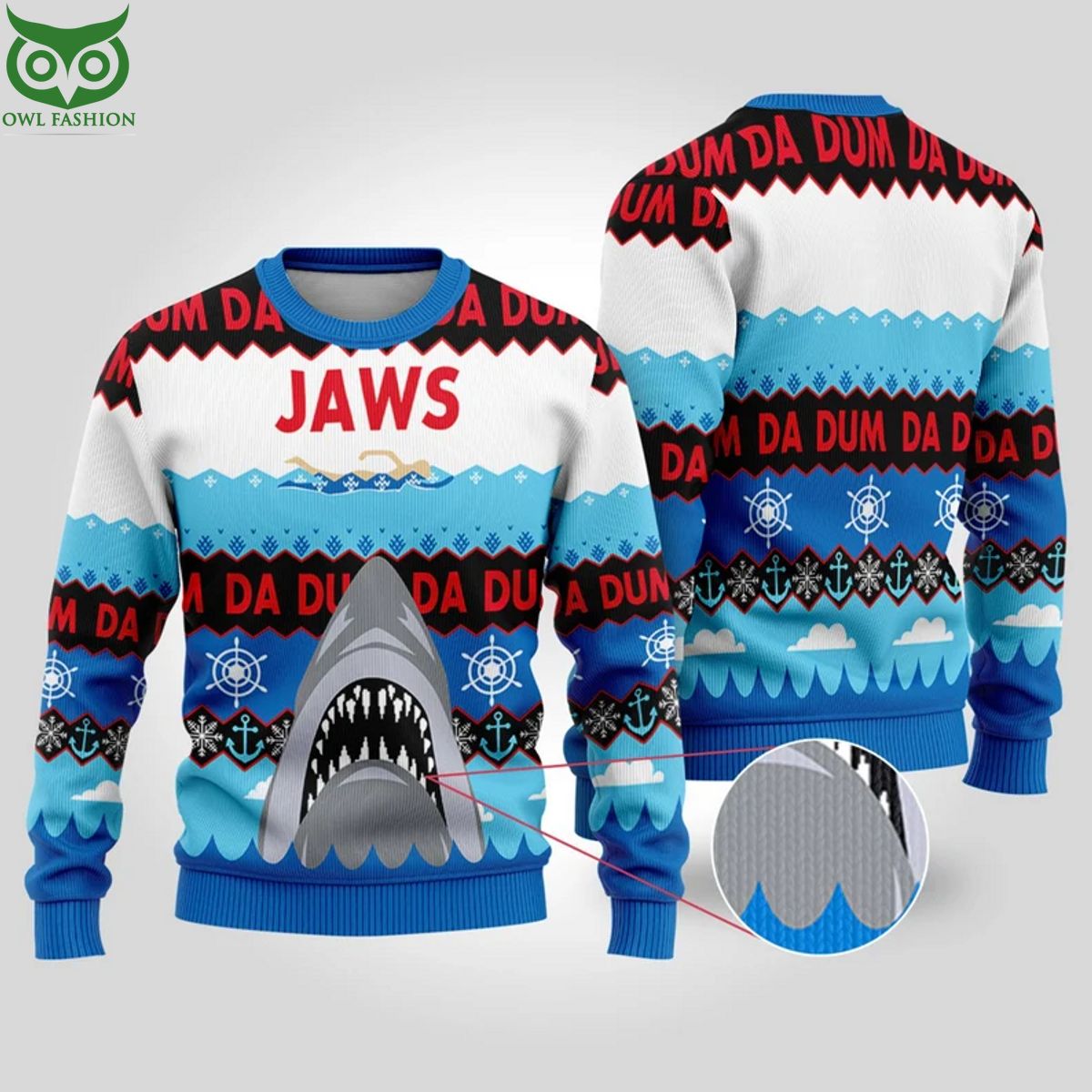 Jaws Shark Blue 3D Ugly Sweater