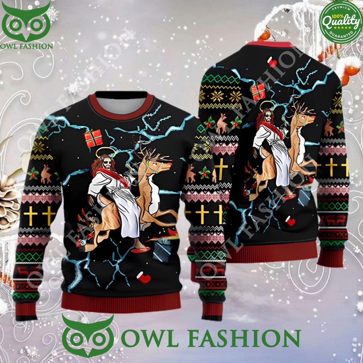 Jesus Riding Reindeer Black Ugly Christmas Sweater Jumpers