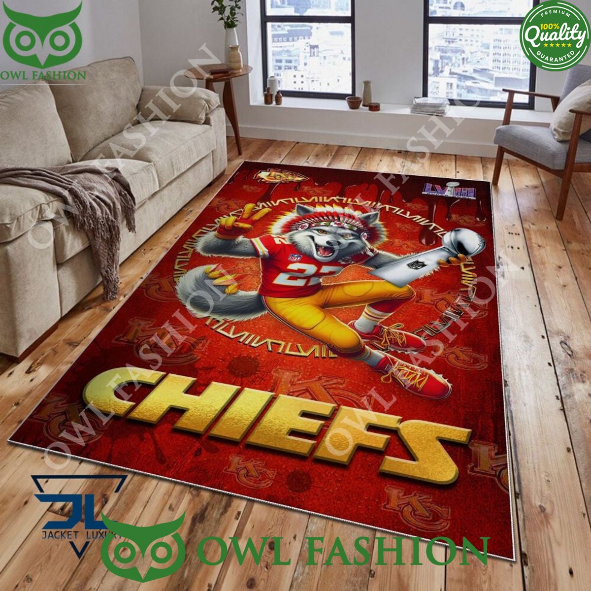 Kansas City Chiefs Wolf with Champion Cup Super Bowl LVIII carpet rug living room