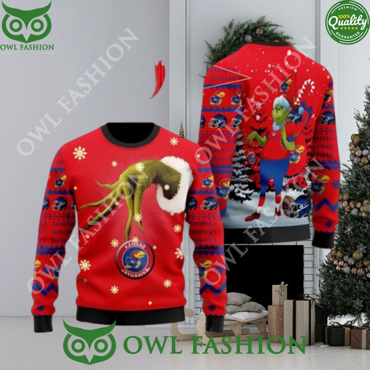 Kansas Jayhawks Team Grinch Ugly Christmas Sweater Cute Jumper Gift