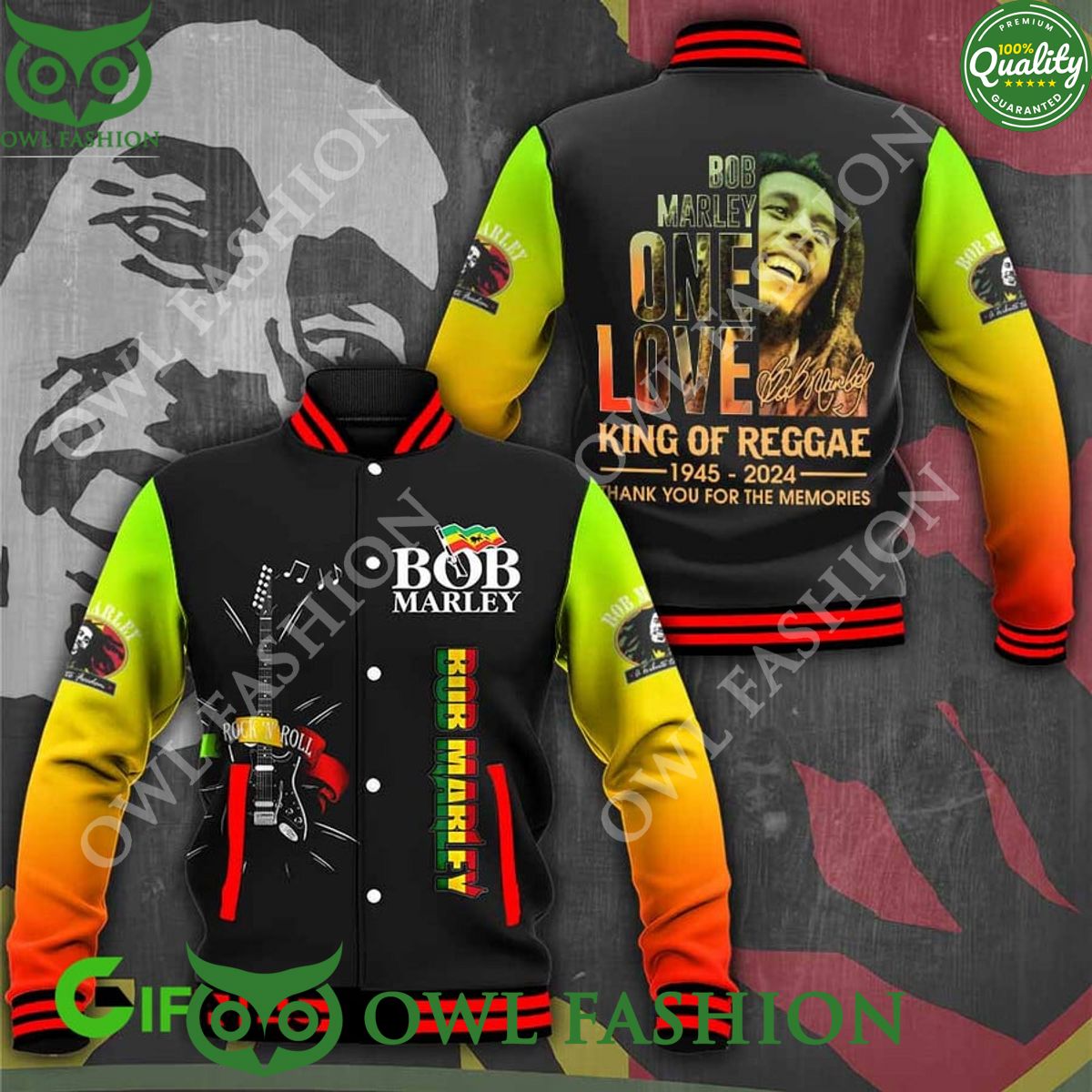 King of Reggae singer Bob Marley 1945 2024 Jamaican One love Varsity Jacket