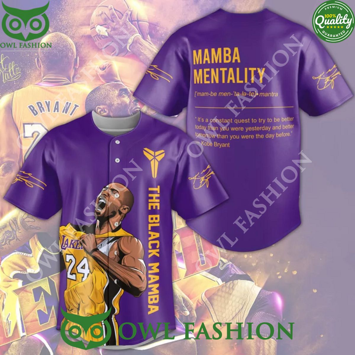 Legend Kobe Bryant The Black Mamba Mentalilty Printed Purple Baseball Jersey