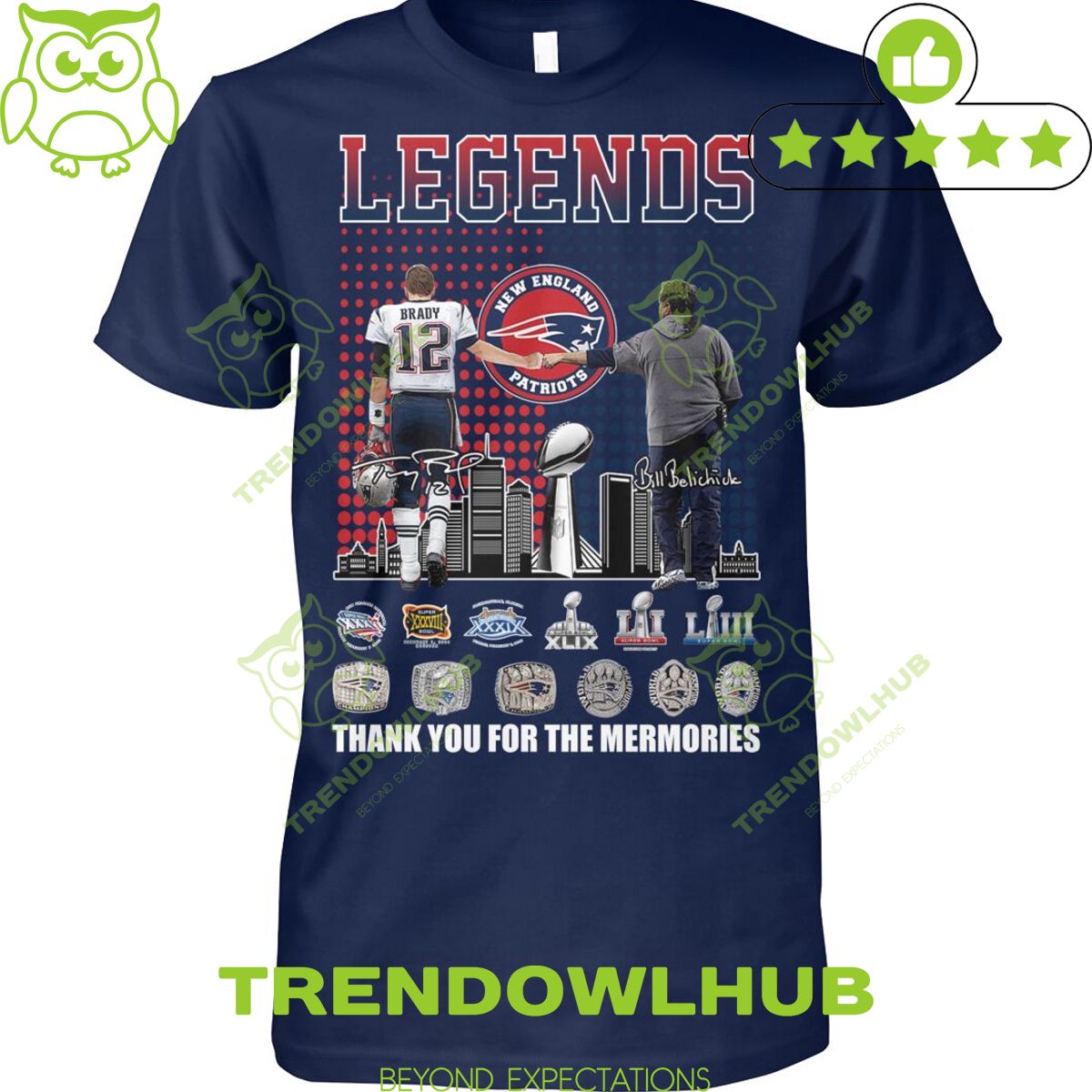 Legends of New England Patriots Tom Brady Bill Belichick together thanks for memories victories t shirt