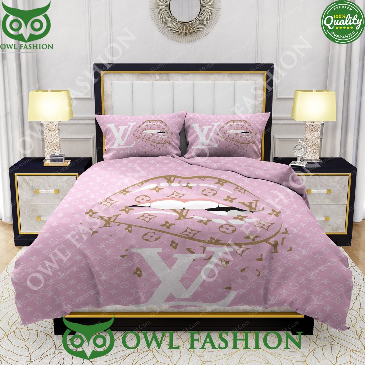 Lips With Louis Vuitton Pink Pattern Bedding Sets