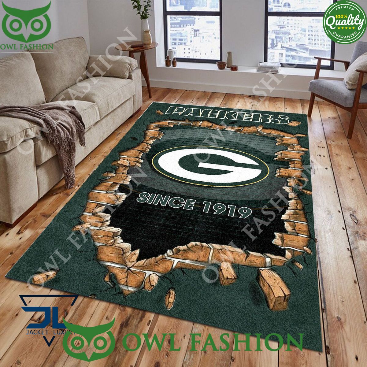 Living Room Green Bay Packers Logo NFL 1965 Wall Broken Rug Carpet