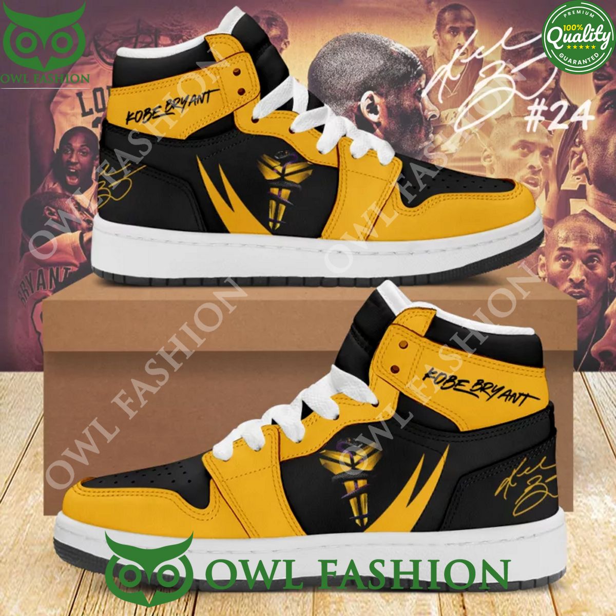 Los Angeles Lakers NBA Kobe Bryant Black Yellow Signature AJ1 High top Air Jordan Shoes