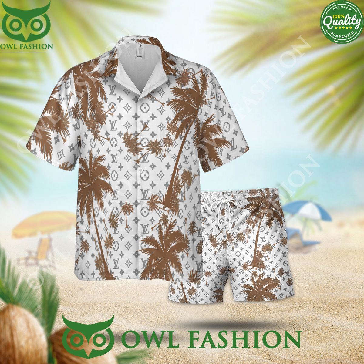 Louis Vuitton Brown Palm Tree Luxury Summer 2024 hawaiian shirt and short track