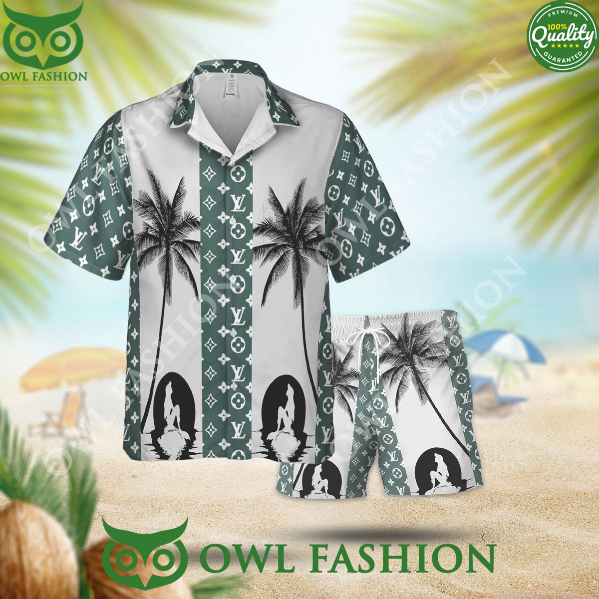 Louis Vuitton Green Palm Tree Luxury Summer 2024 hawaiian shirt and short track